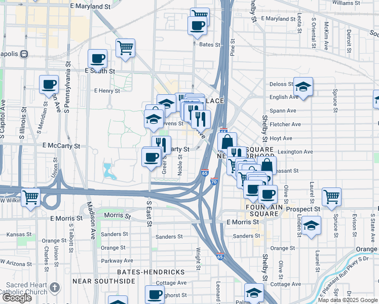 map of restaurants, bars, coffee shops, grocery stores, and more near 719 East McCarty Street in Indianapolis
