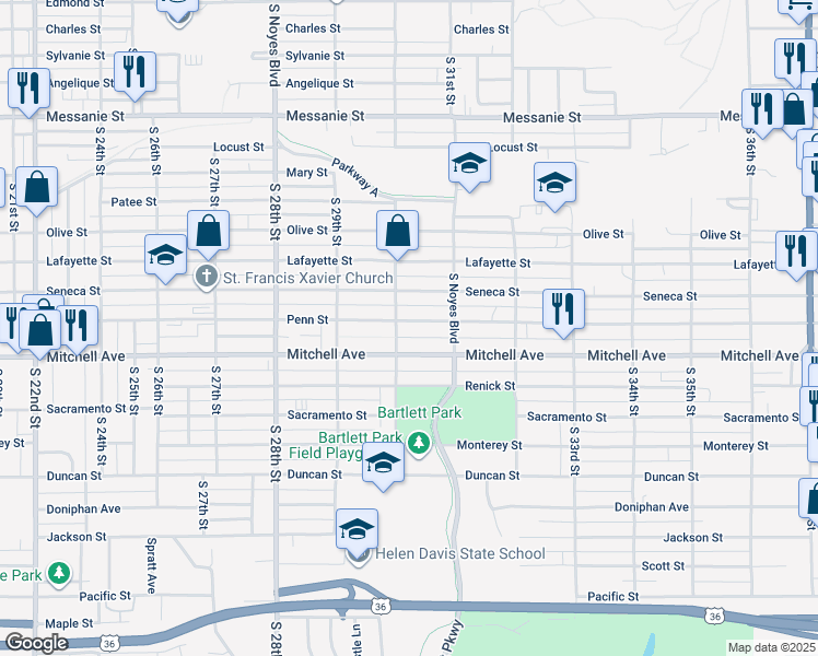 map of restaurants, bars, coffee shops, grocery stores, and more near 3006 Penn Street in Saint Joseph