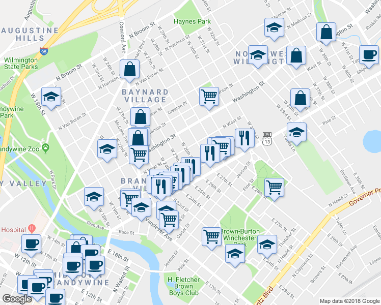 map of restaurants, bars, coffee shops, grocery stores, and more near 117 West 26th Street in Wilmington