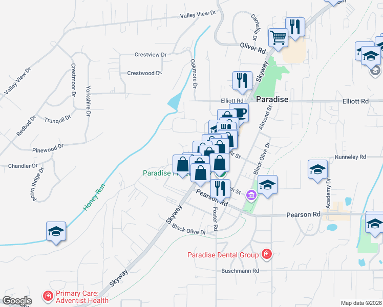 map of restaurants, bars, coffee shops, grocery stores, and more near 520 Fir Street in Paradise