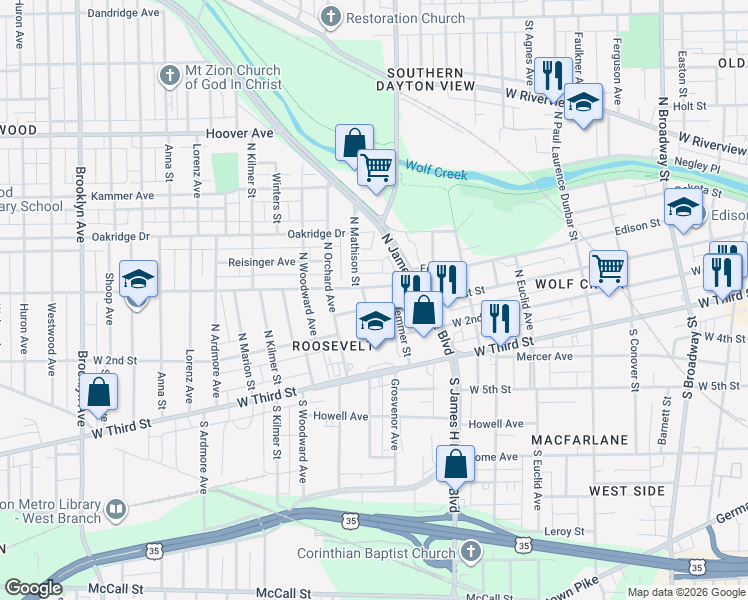 map of restaurants, bars, coffee shops, grocery stores, and more near 2001 West 1st Street in Dayton