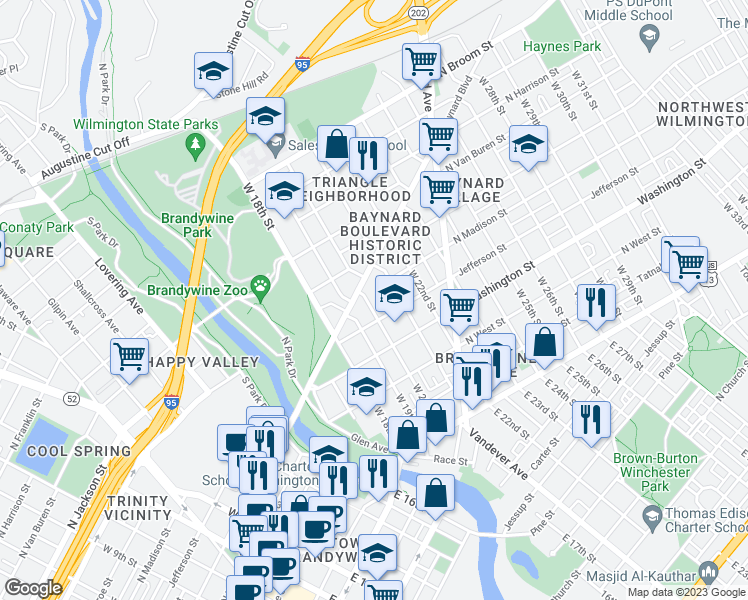 map of restaurants, bars, coffee shops, grocery stores, and more near 407 West 20th Street in Wilmington