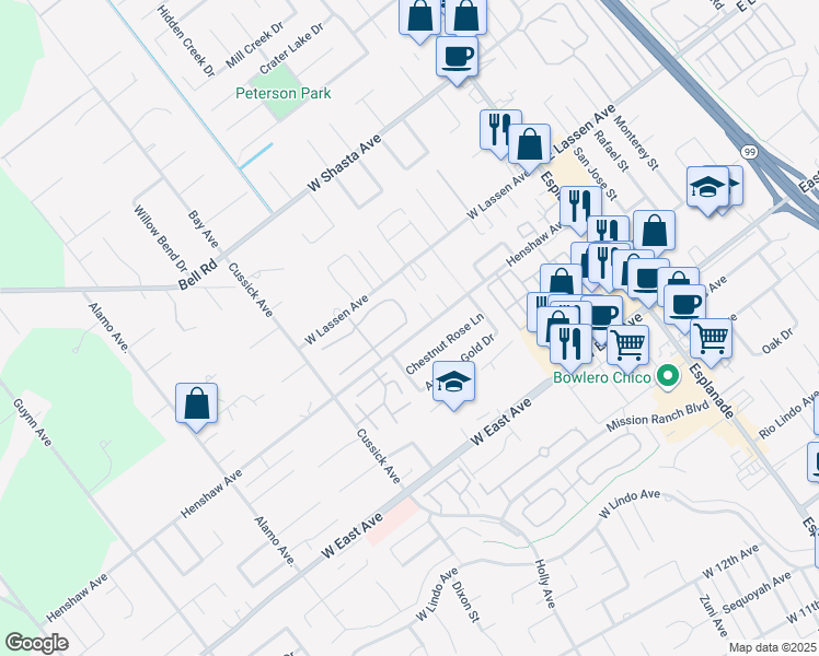 map of restaurants, bars, coffee shops, grocery stores, and more near 42 Northwood Commons Place in Chico