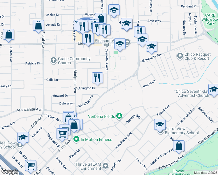 map of restaurants, bars, coffee shops, grocery stores, and more near 2210 Ceanothus Avenue in Chico