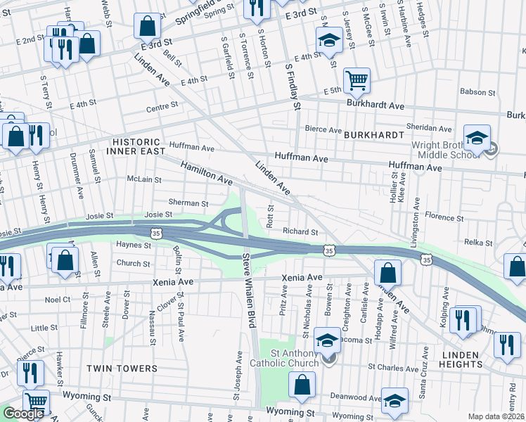 map of restaurants, bars, coffee shops, grocery stores, and more near 234 Rott Street in Dayton