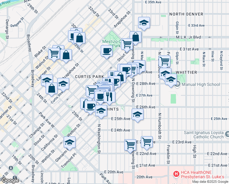 map of restaurants, bars, coffee shops, grocery stores, and more near 2834 Welton Street in Denver