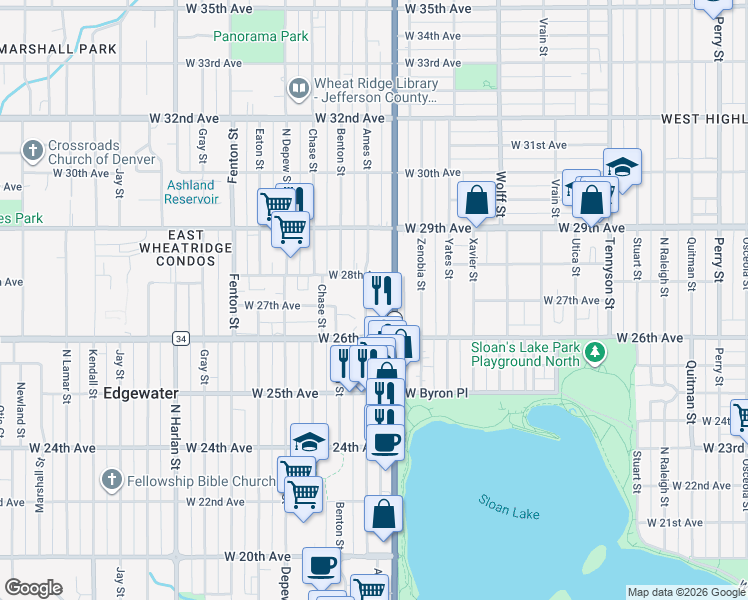 map of restaurants, bars, coffee shops, grocery stores, and more near 2710 Ames Street in Wheat Ridge
