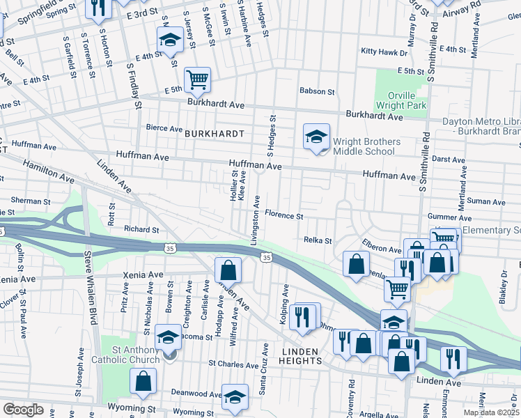 map of restaurants, bars, coffee shops, grocery stores, and more near 1205 Florence Street in Dayton