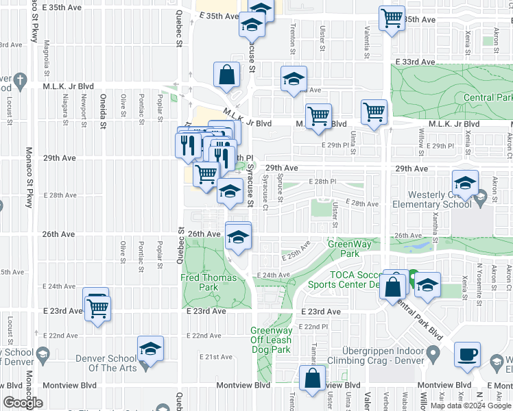 map of restaurants, bars, coffee shops, grocery stores, and more near 7755 East 28th Avenue in Denver