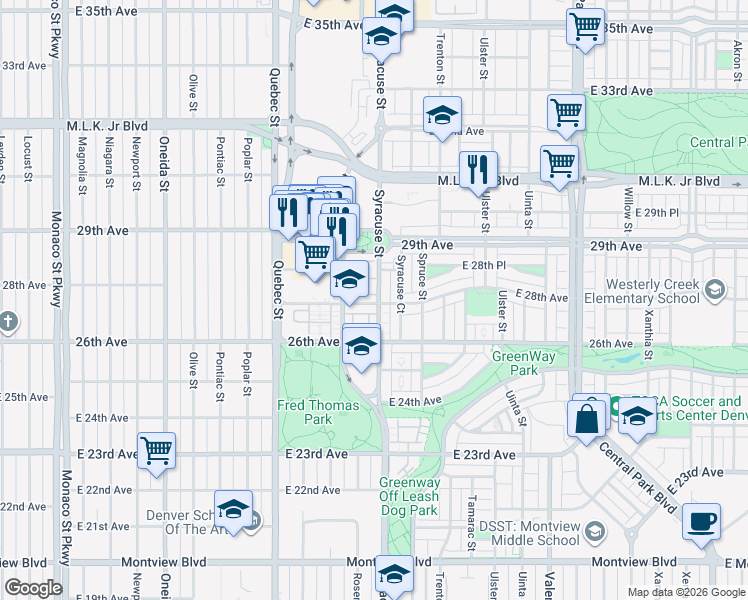 map of restaurants, bars, coffee shops, grocery stores, and more near 7608 East 28th Avenue in Denver