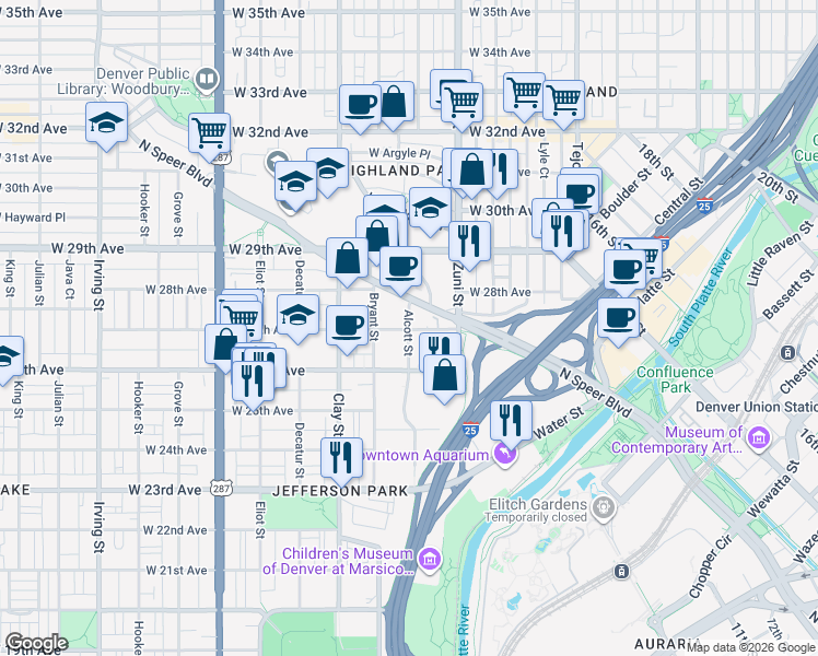 map of restaurants, bars, coffee shops, grocery stores, and more near 2695 Alcott Street in Denver
