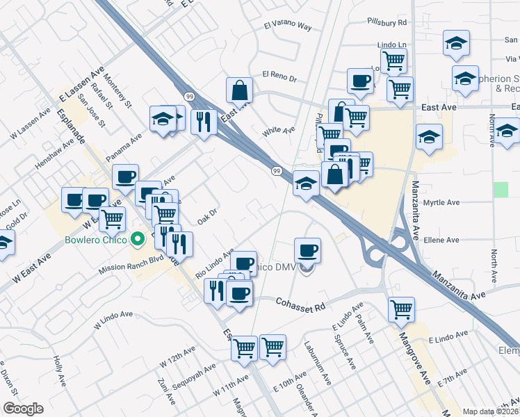 map of restaurants, bars, coffee shops, grocery stores, and more near 390 Rio Lindo Avenue in Chico