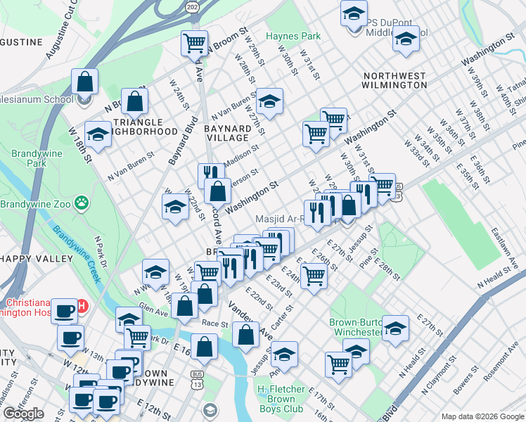 map of restaurants, bars, coffee shops, grocery stores, and more near 208 West 25th Street in Wilmington