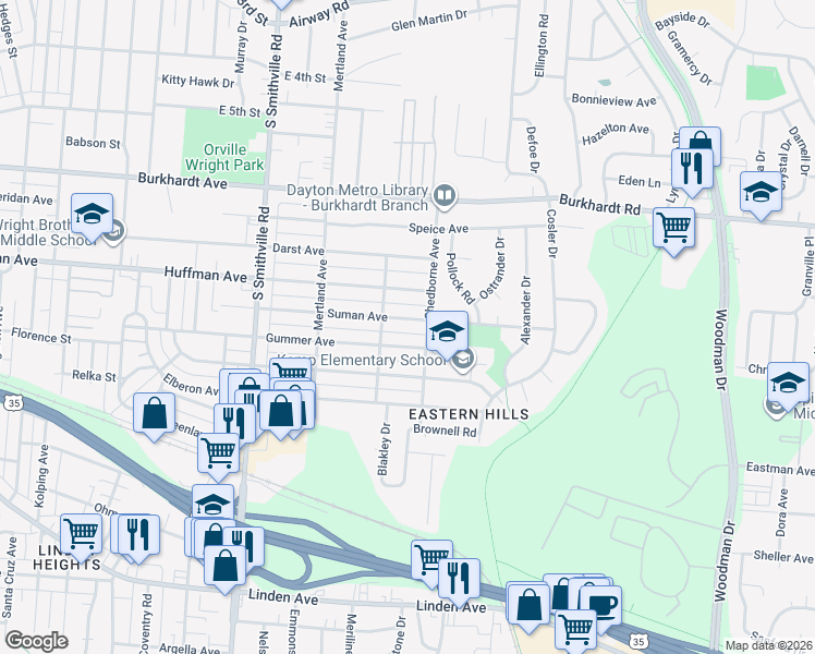map of restaurants, bars, coffee shops, grocery stores, and more near 703 Shedborne Avenue in Dayton
