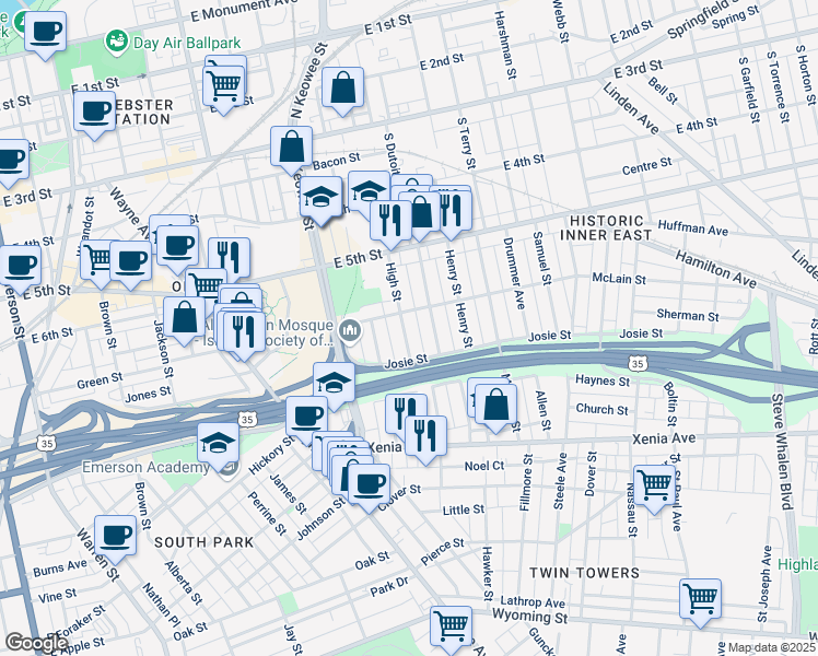 map of restaurants, bars, coffee shops, grocery stores, and more near 125 High Street in Dayton
