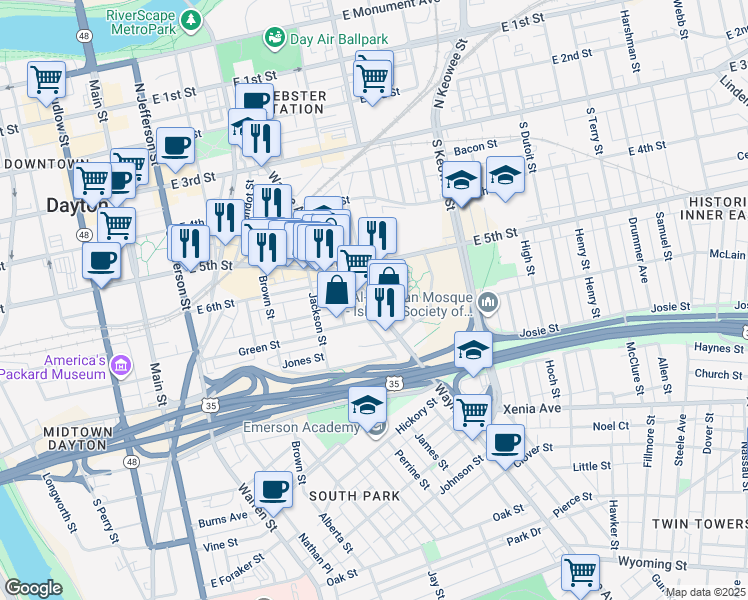 map of restaurants, bars, coffee shops, grocery stores, and more near 415 Wayne Avenue in Dayton