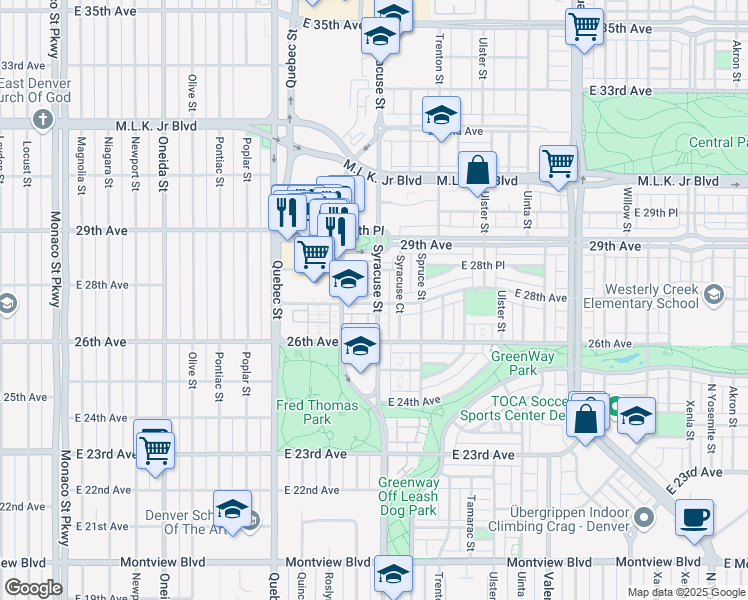 map of restaurants, bars, coffee shops, grocery stores, and more near 2853 Roslyn Street in Denver