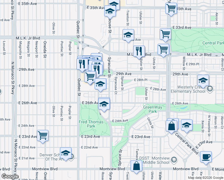 map of restaurants, bars, coffee shops, grocery stores, and more near 2848 Syracuse Street in Denver