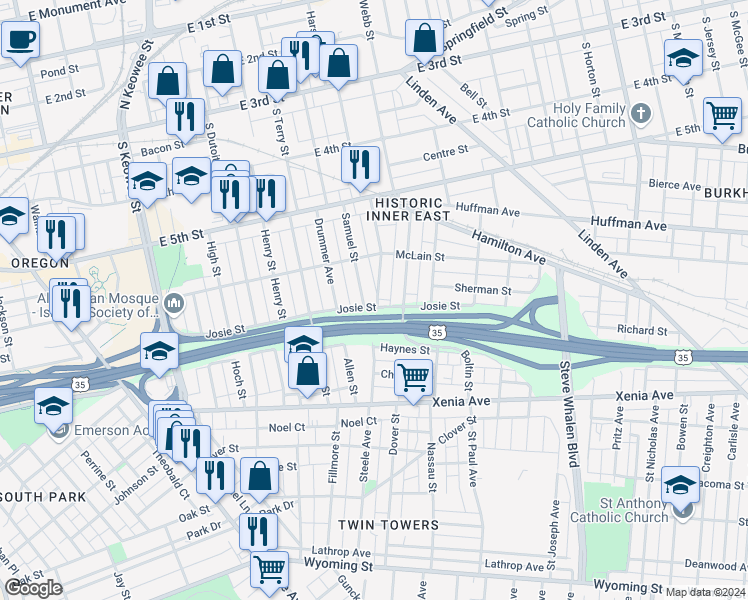 map of restaurants, bars, coffee shops, grocery stores, and more near 165 Mcreynolds Street in Dayton