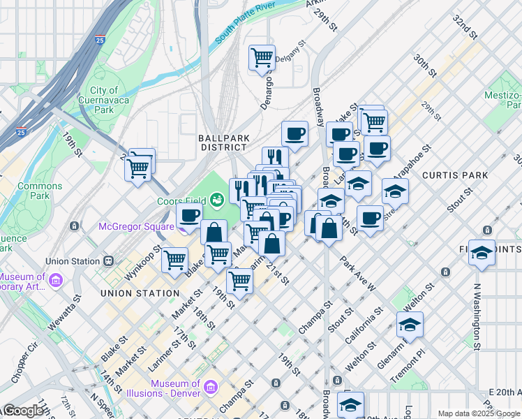 map of restaurants, bars, coffee shops, grocery stores, and more near 2210 Blake Street in Denver