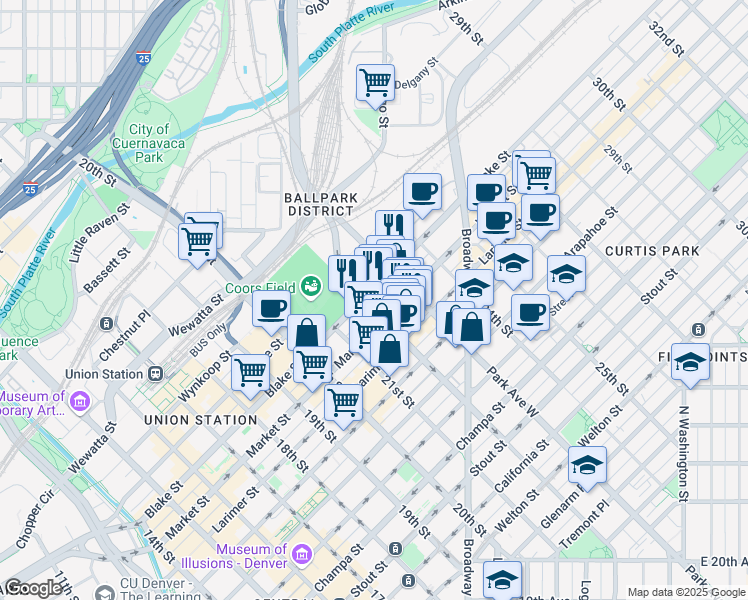 map of restaurants, bars, coffee shops, grocery stores, and more near 2210 Blake Street in Denver