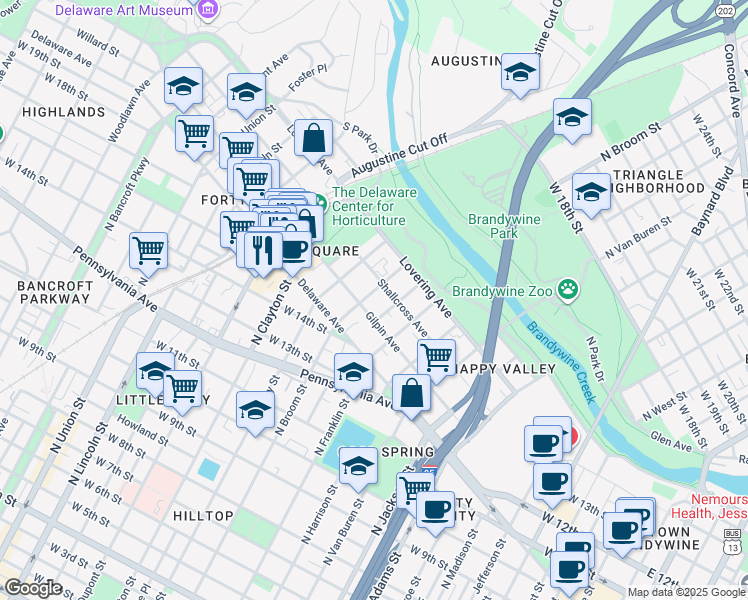 map of restaurants, bars, coffee shops, grocery stores, and more near 1604 North Broom Street in Wilmington