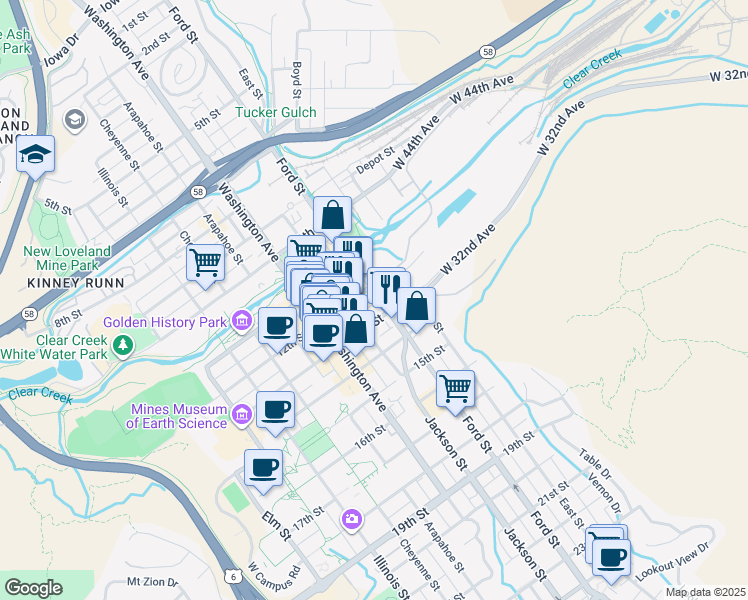 map of restaurants, bars, coffee shops, grocery stores, and more near 1208 Ford Street in Golden