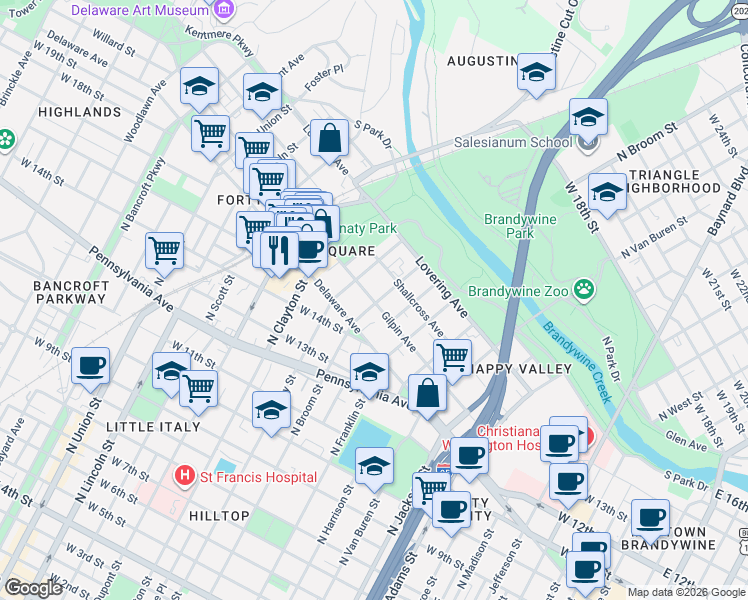 map of restaurants, bars, coffee shops, grocery stores, and more near 1604 North Broom Street in Wilmington
