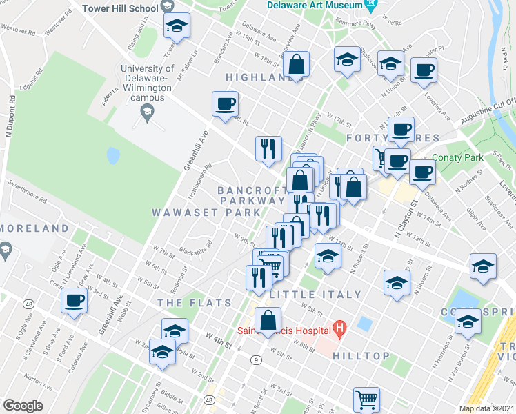 map of restaurants, bars, coffee shops, grocery stores, and more near 1005 North Bancroft Parkway in Wilmington