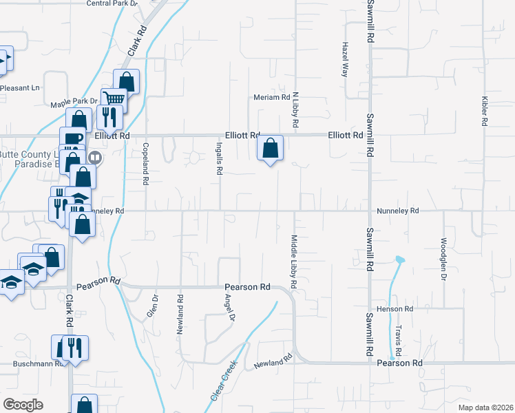 map of restaurants, bars, coffee shops, grocery stores, and more near 1309 Nunneley Road in Paradise