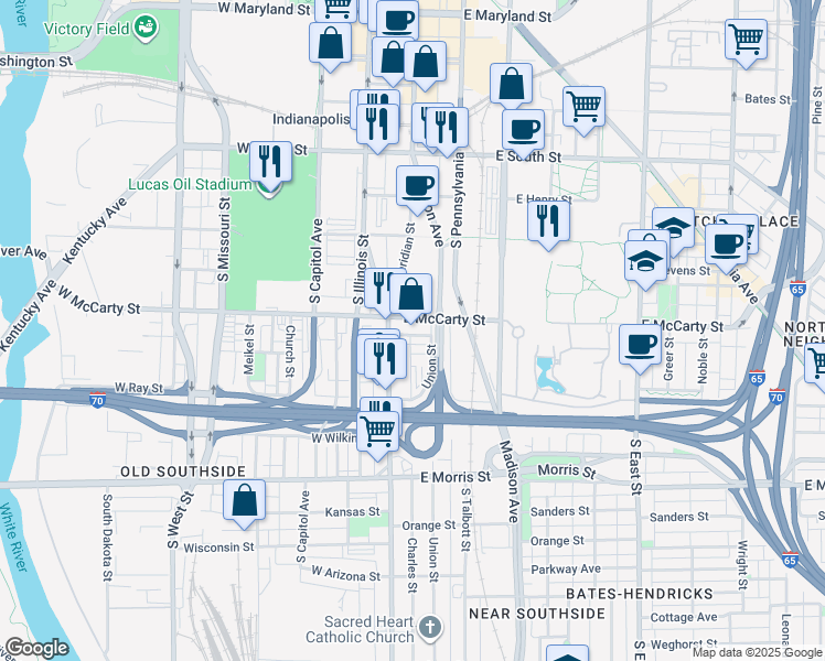 map of restaurants, bars, coffee shops, grocery stores, and more near 25 East McCarty Street in Indianapolis