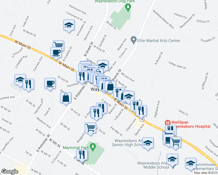 map of restaurants, bars, coffee shops, grocery stores, and more near 17 North Church Street in Waynesboro