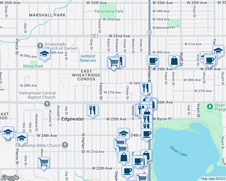 map of restaurants, bars, coffee shops, grocery stores, and more near 5635 West 27th Avenue in Wheat Ridge