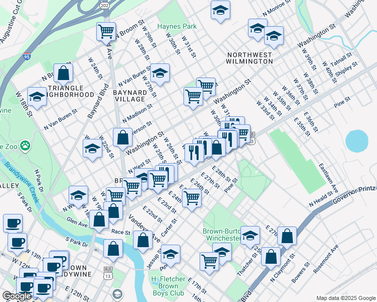 map of restaurants, bars, coffee shops, grocery stores, and more near 101 West 27th Street in Wilmington