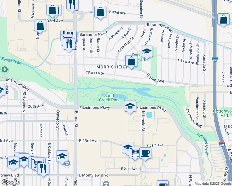 map of restaurants, bars, coffee shops, grocery stores, and more near Colorado Front Range Trail in Aurora