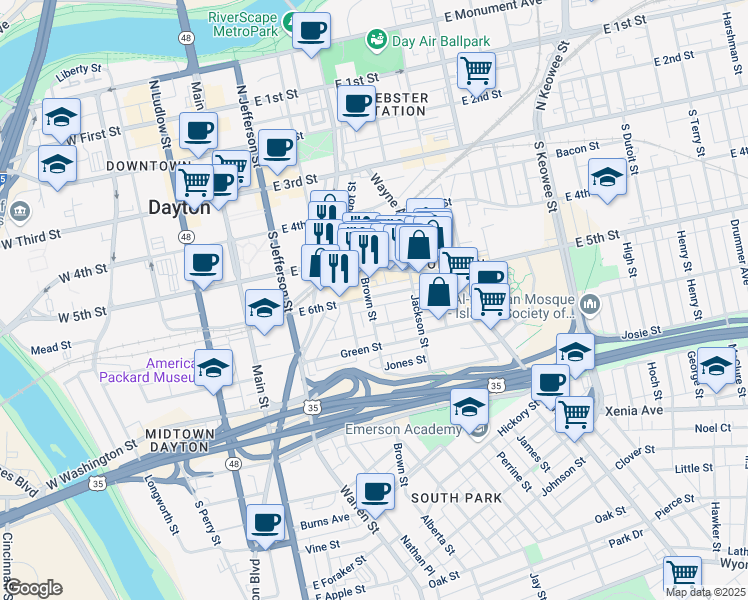 map of restaurants, bars, coffee shops, grocery stores, and more near 308 East 6th Street in Dayton