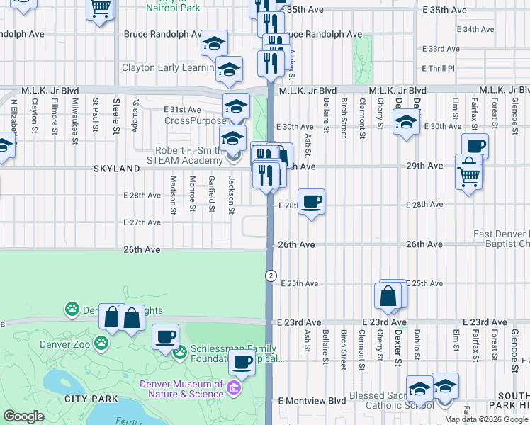 map of restaurants, bars, coffee shops, grocery stores, and more near 3983 Haddon Road in Denver