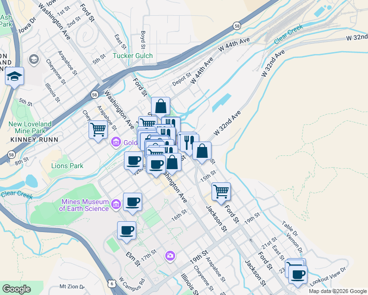map of restaurants, bars, coffee shops, grocery stores, and more near Ford Street in Golden