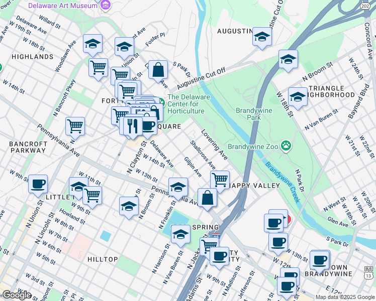 map of restaurants, bars, coffee shops, grocery stores, and more near 1604 North Broom Street in Wilmington