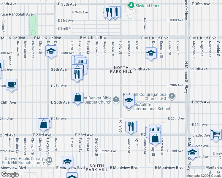 map of restaurants, bars, coffee shops, grocery stores, and more near 2677 Hudson Street in Denver