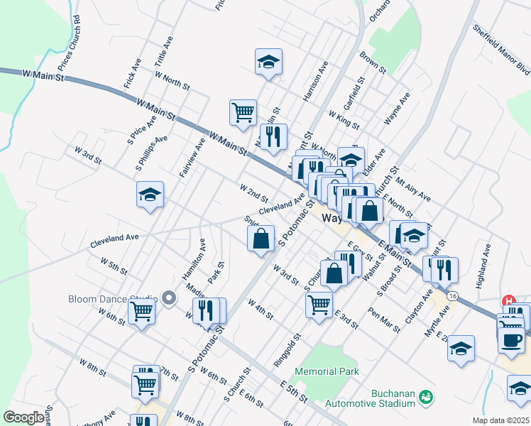 map of restaurants, bars, coffee shops, grocery stores, and more near 115 Cleveland Avenue in Waynesboro