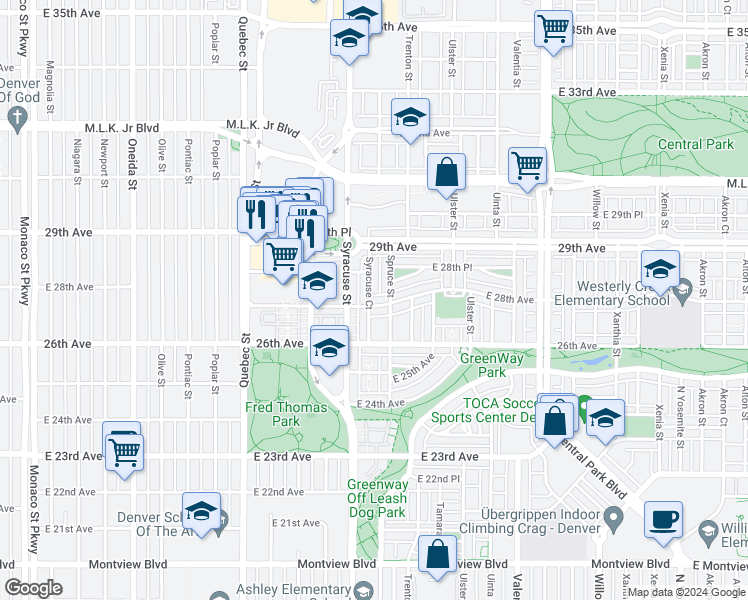 map of restaurants, bars, coffee shops, grocery stores, and more near 7755 East 28th Avenue in Denver