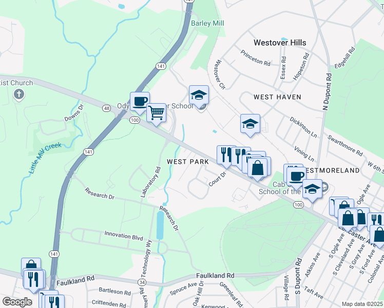 map of restaurants, bars, coffee shops, grocery stores, and more near 1 Imperial Drive in Wilmington