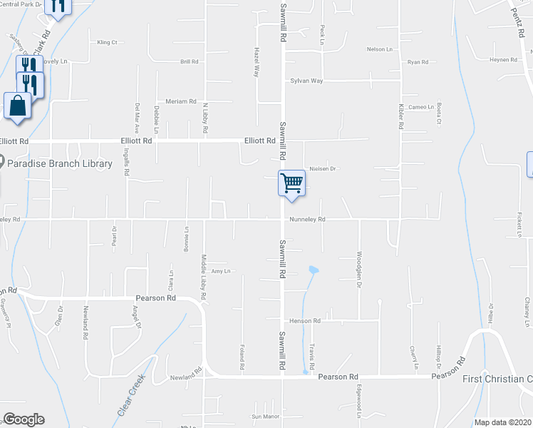 map of restaurants, bars, coffee shops, grocery stores, and more near 1485 Nunneley Road in Paradise