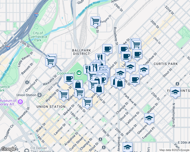 map of restaurants, bars, coffee shops, grocery stores, and more near 2200 Market Street in Denver