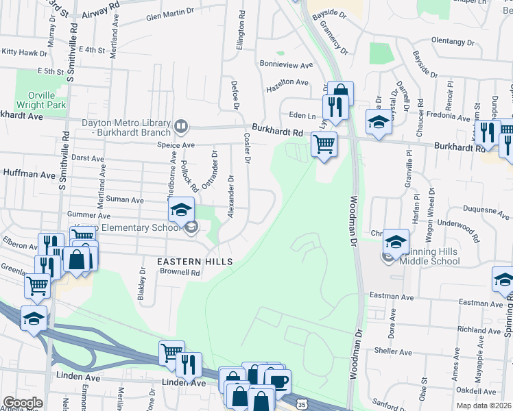 map of restaurants, bars, coffee shops, grocery stores, and more near 633 Fulmer Drive in Dayton