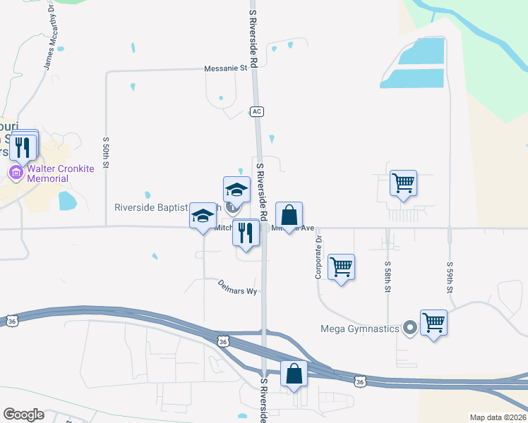 map of restaurants, bars, coffee shops, grocery stores, and more near 1152 South Riverside Road in Saint Joseph