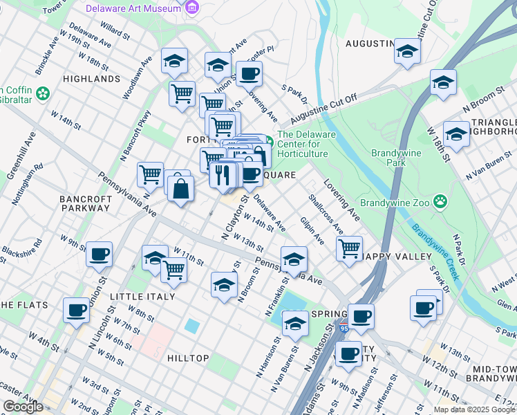 map of restaurants, bars, coffee shops, grocery stores, and more near 1504 Delaware Avenue in Wilmington