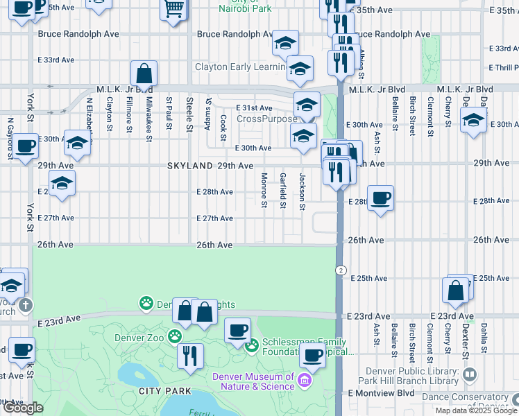 map of restaurants, bars, coffee shops, grocery stores, and more near 3521 East 27th Avenue in Denver