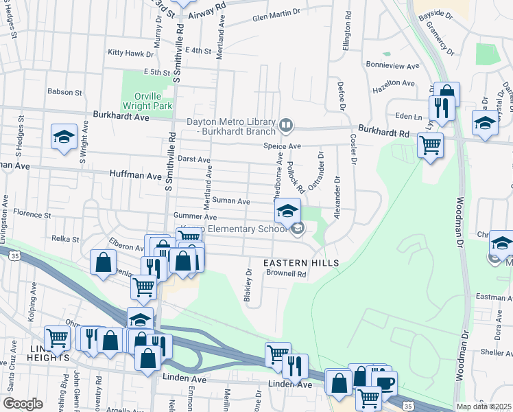 map of restaurants, bars, coffee shops, grocery stores, and more near 1804 Blakes Alley in Dayton